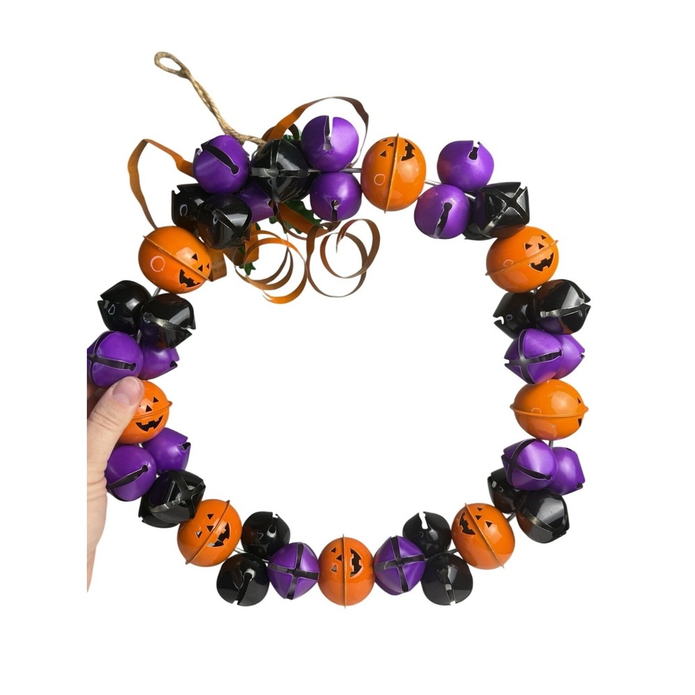 Pumpkin Metal Bell Halloween Wreath Purple Orange Black Folk Art Handmade Decor - Picture 2 of 4